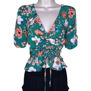 Milk & Honey Floral Print V-Neck Ruched Green Blouse Size S Small